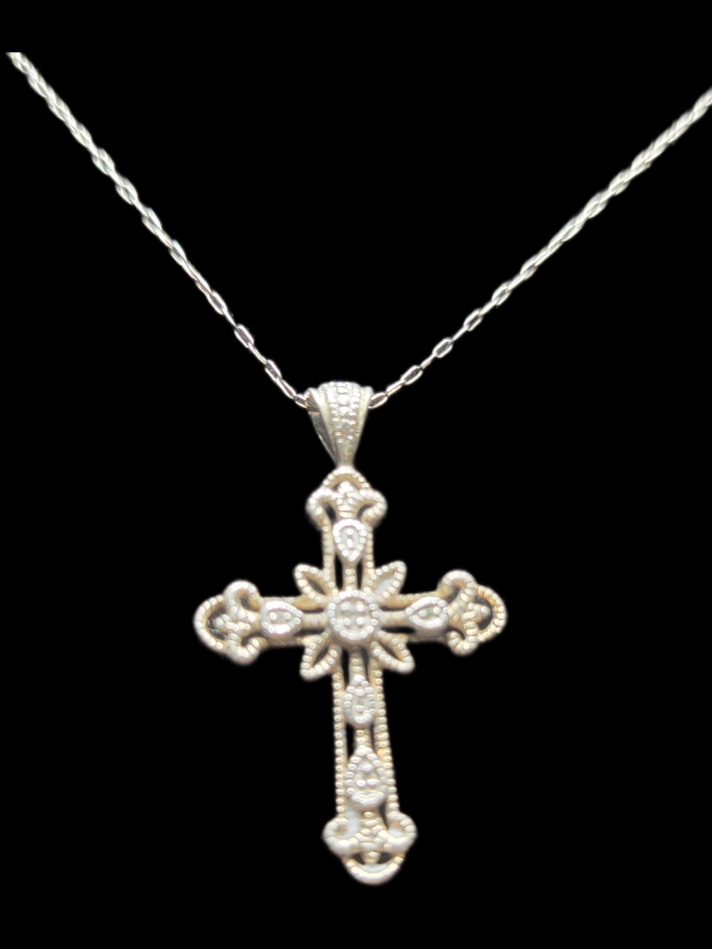 Estate Silver Filigree Cross Natural Diamond Pendant~ Vintage Necklace
